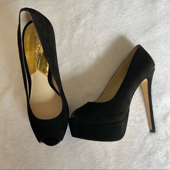 Michael Kors Milan Platform, Peep Toe, Black Suede High Heels - Picture 4 of 9